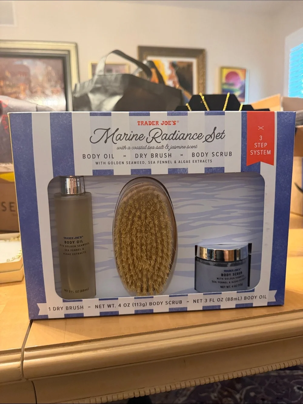 New Trader Joe's Marine Radiance Set Lot Body Oil & Body Scrub Dry Brush Seaweed